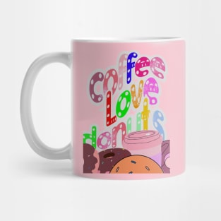 Coffee love donuts, colorful letters with white dots on a transparent background for coffee and sweets lovers Mug